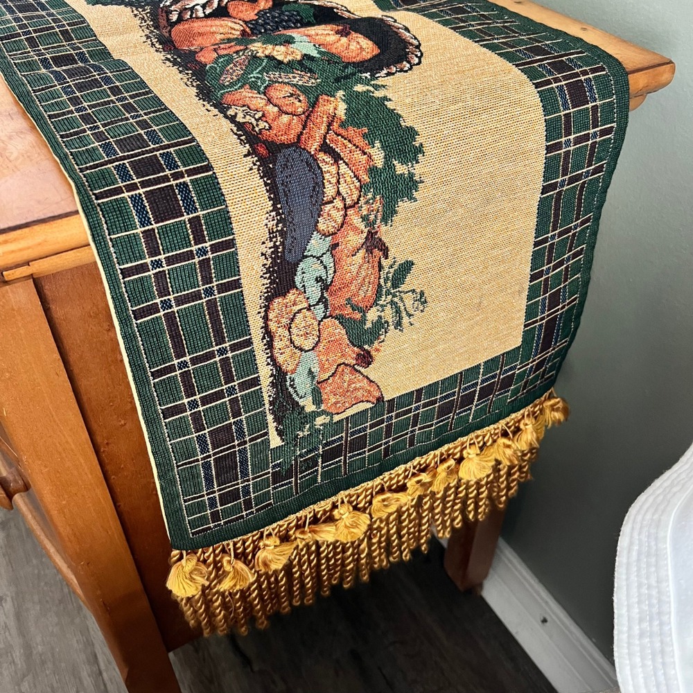 Harvest Cornucopia Woven Tapestry Table Runner Plaid Tassel Fringe 71x13 - Picture 4 of 6